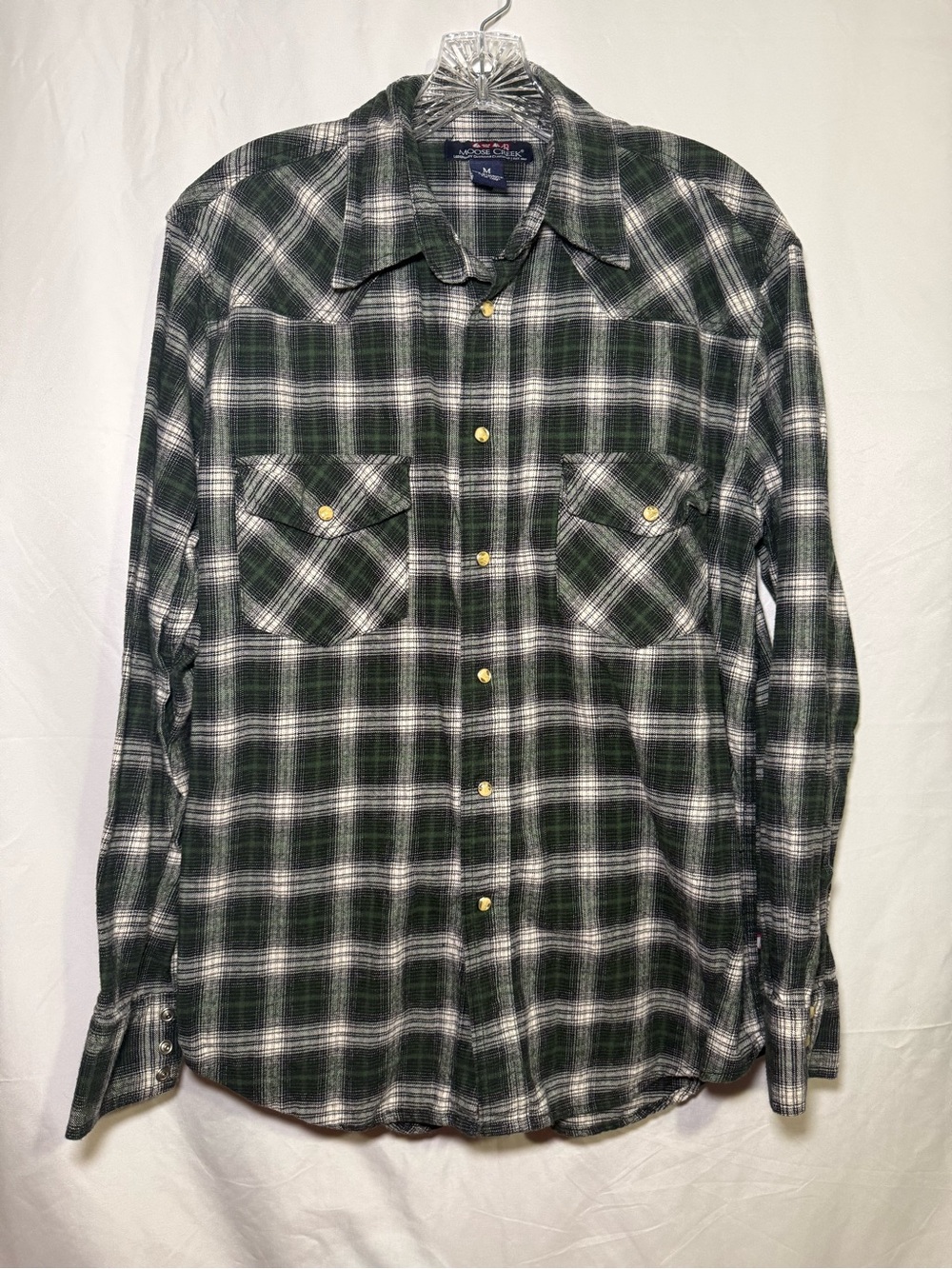Moose Creek Men's Long Sleeve Button Up Flannel Shirt Black White Green Size M